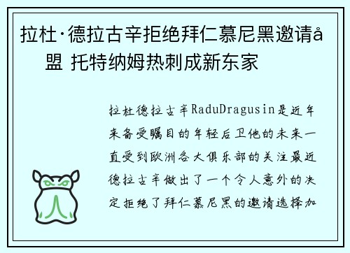 拉杜·德拉古辛拒绝拜仁慕尼黑邀请加盟 托特纳姆热刺成新东家 拉杜·德拉古辛拒绝拜仁慕尼黑邀请加盟 托特纳姆热刺成新东家